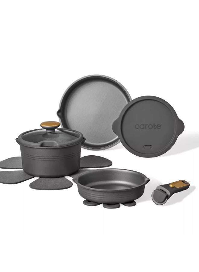 Carote 10-Piece Nonstick Cookware Set with Detachable Handle, Stackable Pots & Pans, PFOA-Free Aluminum Healthy Cooking Set with Pour Spouts, All Kitchen Stovetop Compatible, Dishwasher Safe (Black) - Image 1